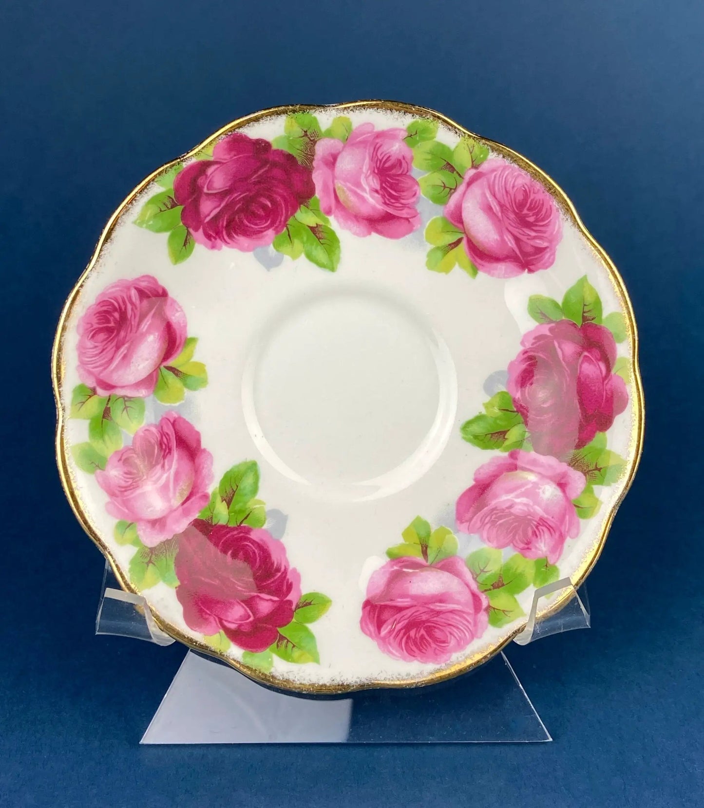 Antique Royal Albert cup and saucer bone china with pink Old English rose border and gold edge on Tampa Home & Garden Store