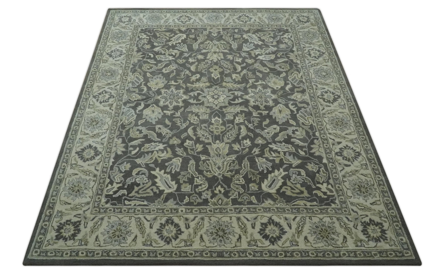 Antique Design 8x10 Charcoal and Beige Traditional Floral Hand Tufted rug - Tampa Home & Garden Store