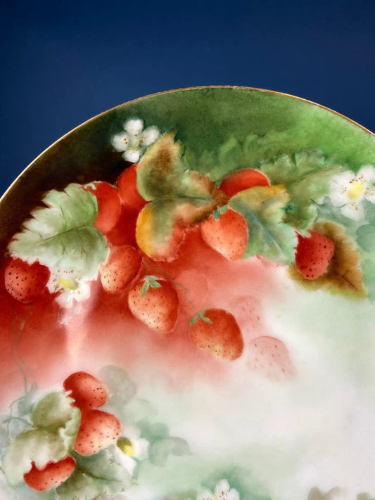 Antique dessert plate hand-painted with strawberries and white flowers, green rim gold edge on Tampa Home & Garden Store