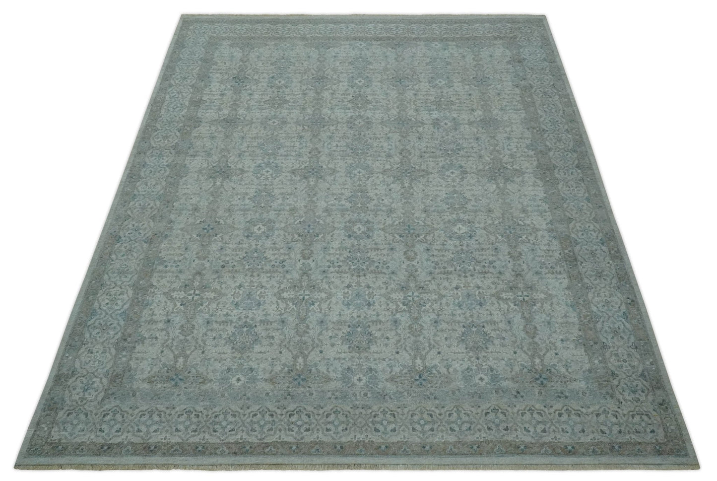 Antique Distress finish Silver, Teal and Brown Hand Knotted Traditional 8x10 wool Rug - Tampa Home & Garden Store