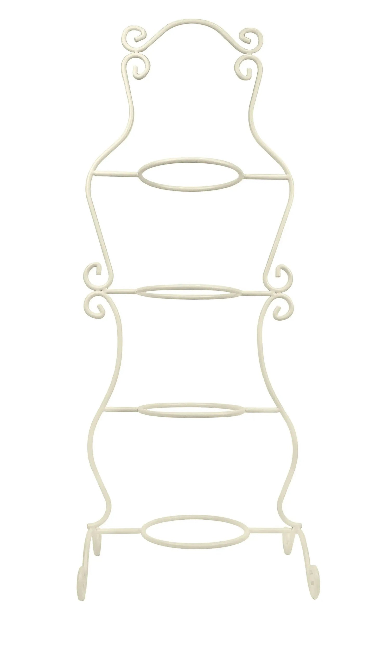 White metal tiered display rack with oval platforms and decorative scrollwork on Tampa Home & Garden Store