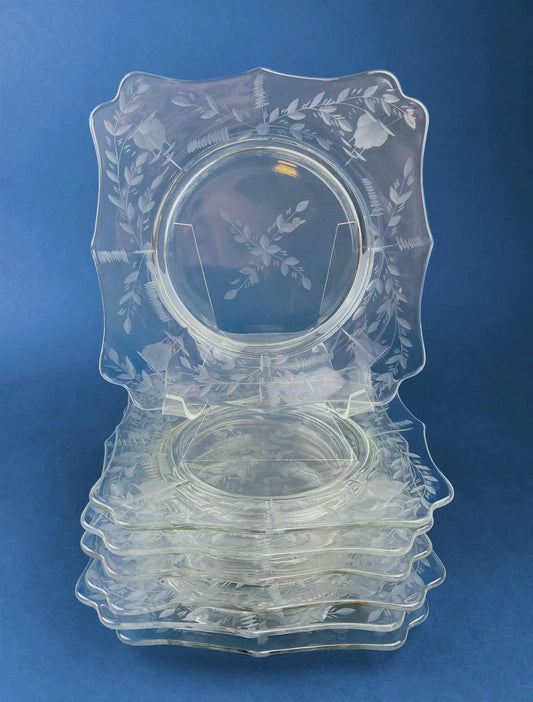 Antique etched crystal dessert and salad plates set of seven with scalloped edges on Tampa Home & Garden Store