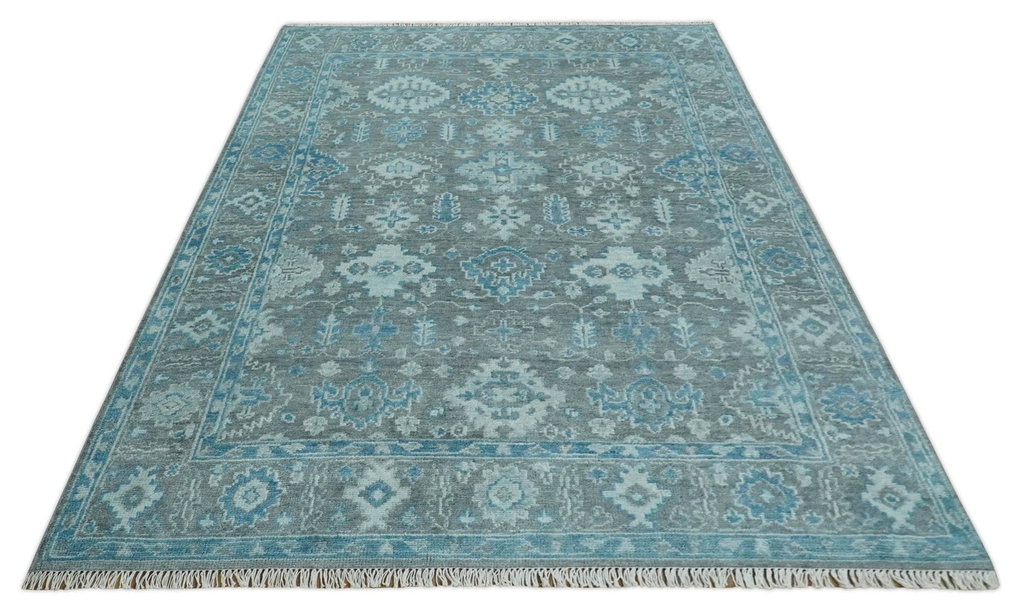 Antique Gray and Blue Hand Knotted 8x10 Oushak Turkish Wool Area Rug - Tampa Home & Garden Store