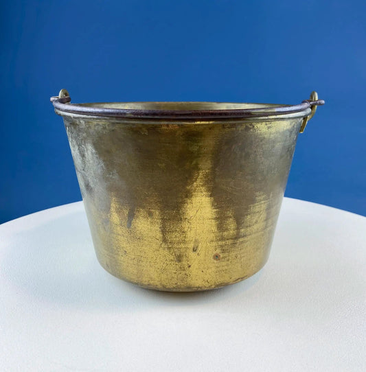 Antique hand hammered brass bucket with iron handle, rustic patina on Tampa Home & Garden Store