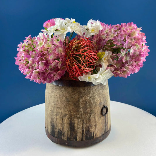 Antique handmade wood barrel vase with pink white hydrangea bouquet on Tampa Home & Garden Store