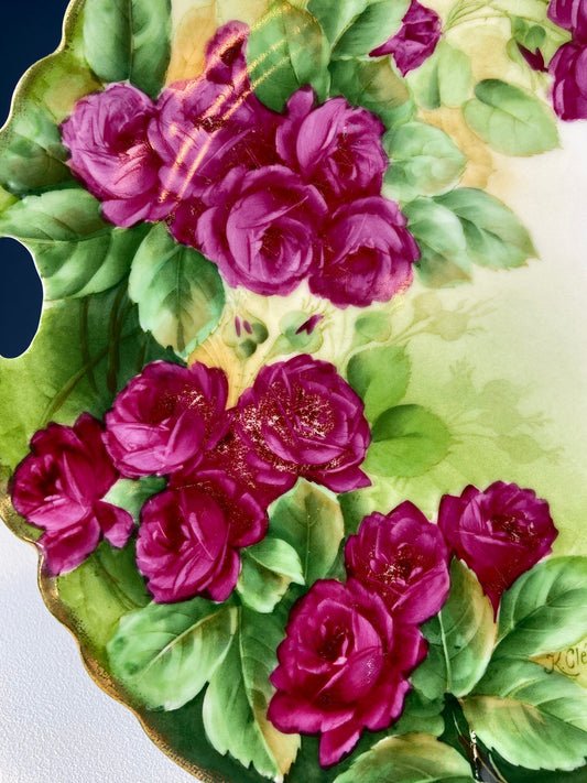 Antique Hand Painted Red Roses Serving or Decorative Plate. Luxurious Dining or Collectible Display. French Country Living. Wedding Gift. - Tampa Home & Garden Store