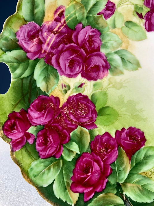 Antique hand-painted red rose decorative plate with magenta blooms and green leaves on Tampa Home & Garden Store