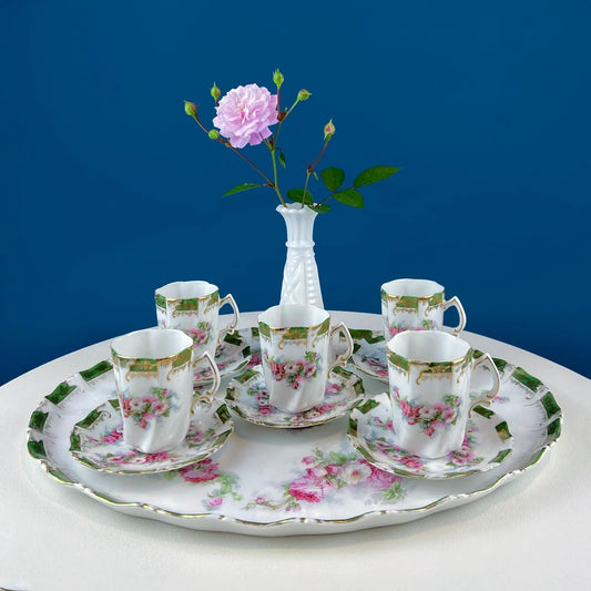 Antique hot chocolate serving set with wild rose porcelain cups on white tray against blue on Tampa Home & Garden Store