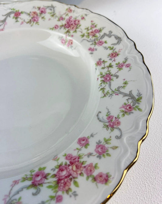 Antique Hutschenreuther porcelain soup plate with pink rose garlands, scalloped edge and gold rim on Tampa Home & Garden Store
