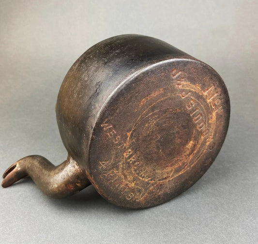 Antique iron kettle with brass lid, Old English style, rustic patina, heavy kitchen piece on Tampa Home & Garden Store