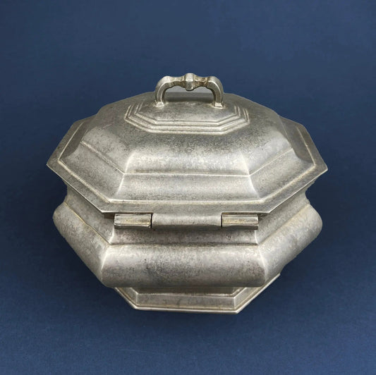 Antique Italian pewter box with hinged lid, octagonal design on Tampa Home & Garden Store