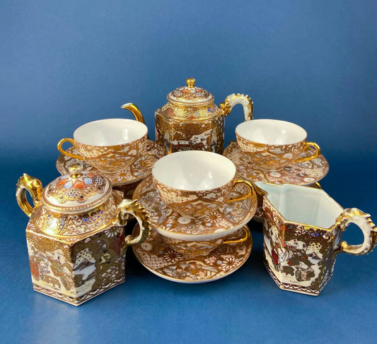 Antique Japanese Moriage teapot and teacups tea set with gold trim and mosaic patterns on Tampa Home & Garden Store