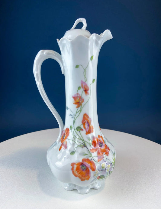 Antique Limoges teapot porcelain with hand-painted red poppies and a ruffled rim on Tampa Home & Garden Store
