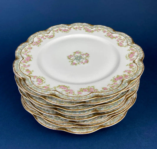 Antique Limoges dinner plates set of eight with pink floral border and gilded rims on Tampa Home & Garden Store