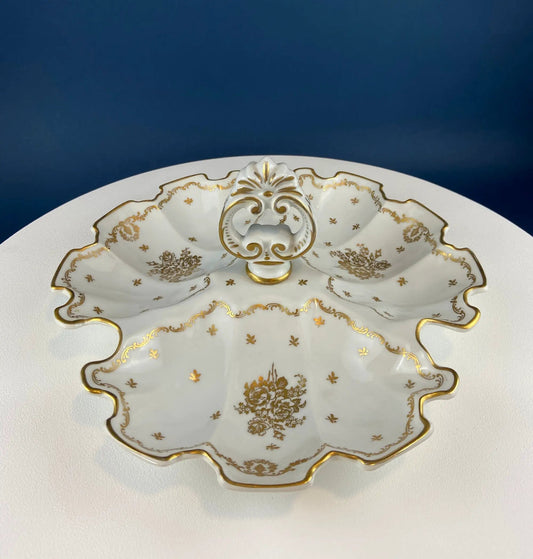 Antique Limoges divided porcelain bowl with gold motif and scalloped rim on Tampa Home & Garden Store