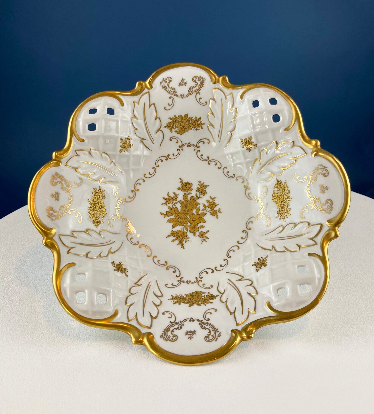 Antique Limoges Porcelain Divided Bowl: Gold Floral Motif, Scalloped Rim - Tampa Home & Garden Store