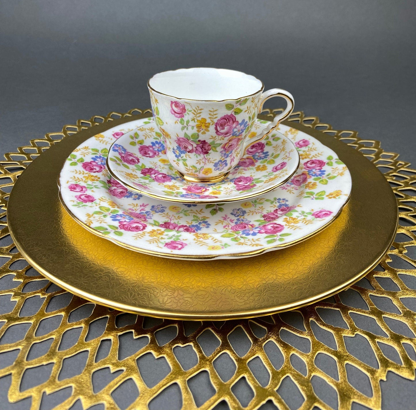 Antique Limoges Porcelain Tea Set/Trio. Teacup, Saucer & Bread/Butter Plate. Silver Anniversary. White China with Gold Rim, Haviland, France - Tampa Home & Garden Store
