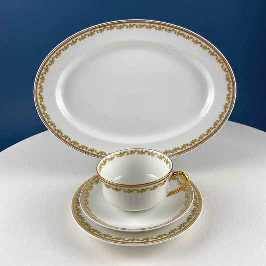Antique Limoges Porcelain Tea Set with Clover Trim. Set of Six Dessert Plates, 5 Cups and Saucers, & Oval Serving Platter. Haviland France. - Tampa Home & Garden Store
