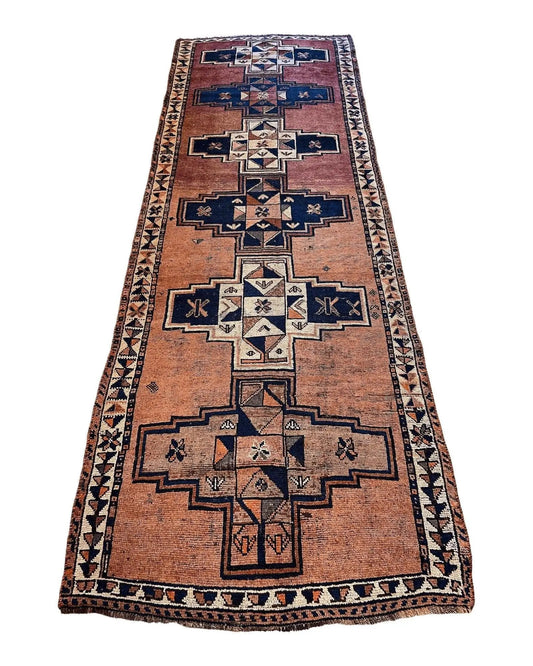 Antique Luri Persian Tribal Rug with rust and navy geometric medallions, 4ft4in x 12ft9in on Tampa Home & Garden Store