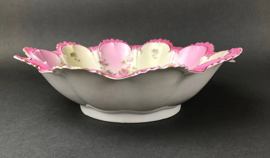 M.Z. Austria bowl with hand-decorated pink roses and scalloped rim with gold trim on Tampa Home & Garden Store