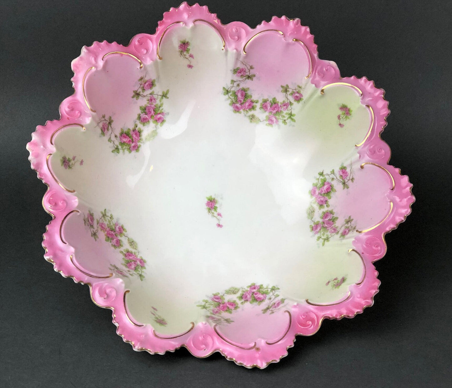 Antique M.Z. Austria Bowl: Hand-Decorated Roses, Scalloped Rim - Tampa Home & Garden Store