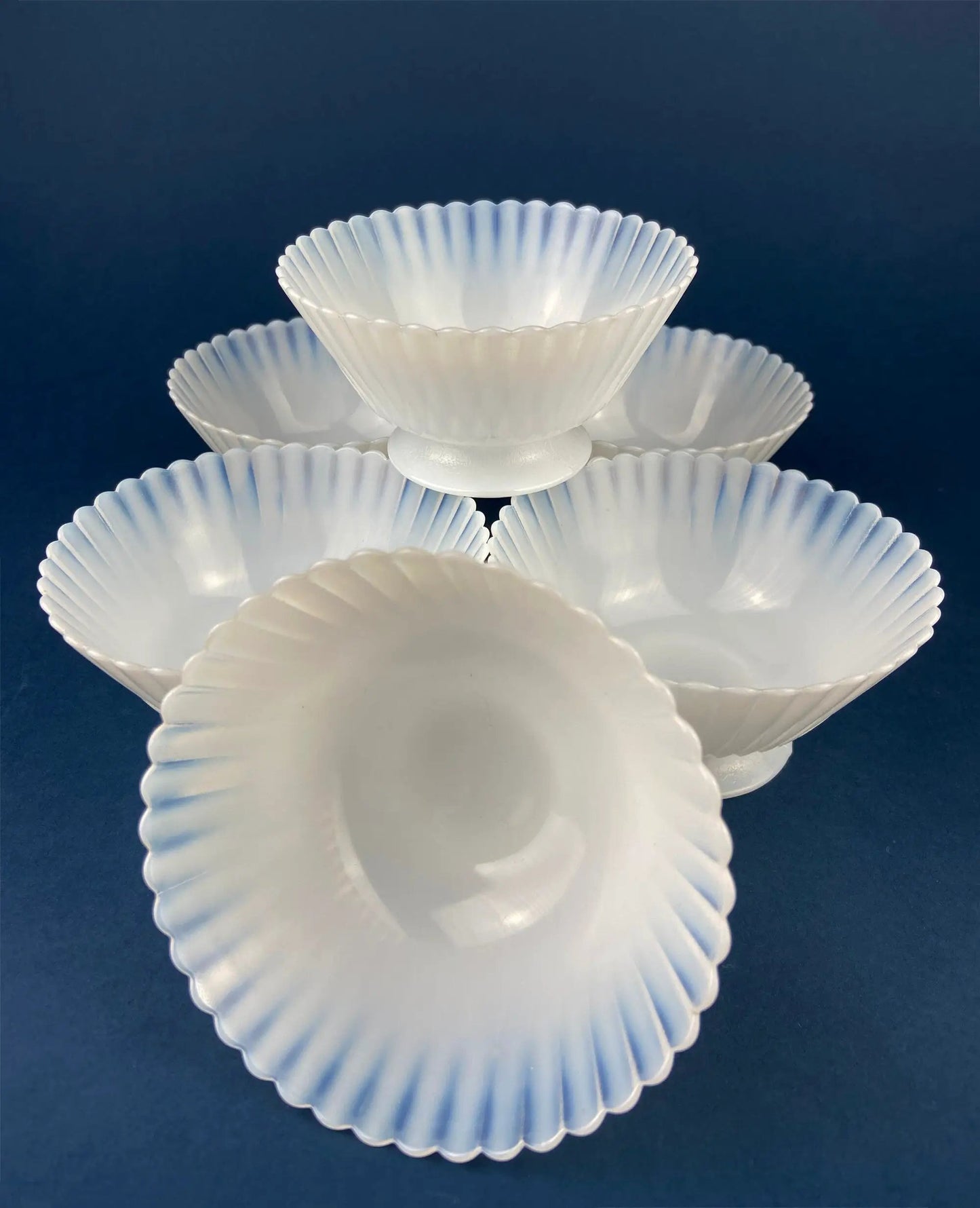 Antique Monax Petalware opalescent tea set ruffled-edge dessert plates in white glass on Tampa Home & Garden Store