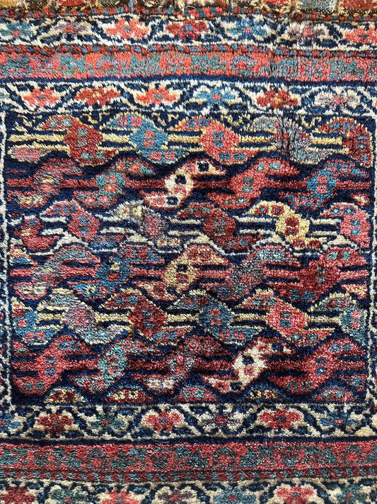 Antique Kurdish square hanging rug with natural dyes in red, blue, teal motifs on Tampa Home & Garden Store