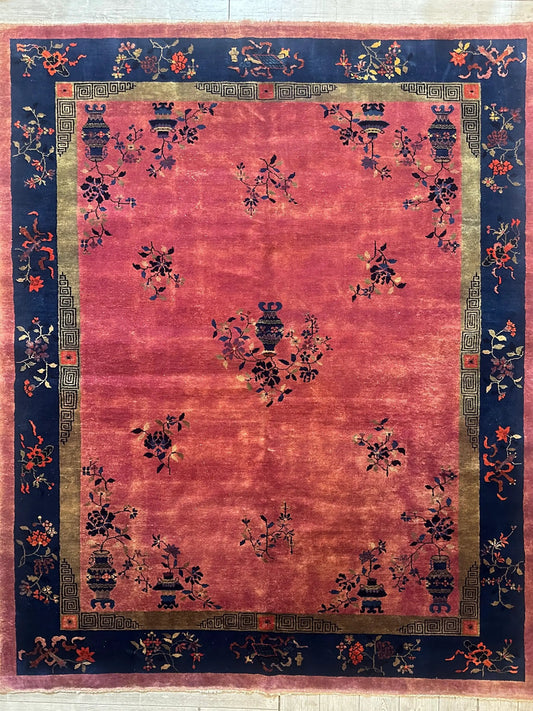 Area rug Rugistan antique Chinese Art Deco 8x9 ft pink field navy border floral motifs on Tampa Home & Garden Store