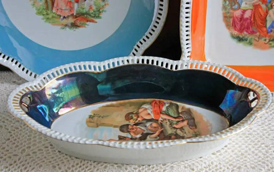 Antique Oval Bavarian Bowl With Scalloped Rim, porcelain with blue iridescent interior on Tampa Home & Garden Store