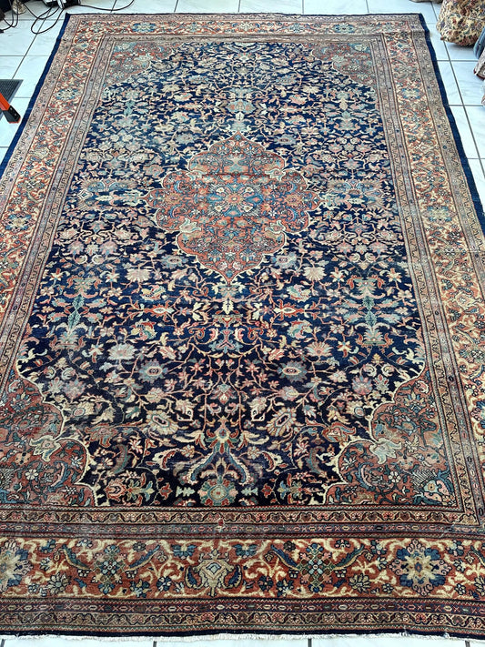 Antique Mahal Persian Rug 8'3 x 12' navy field with peach border, floral motifs Rugistan on Tampa Home & Garden Store