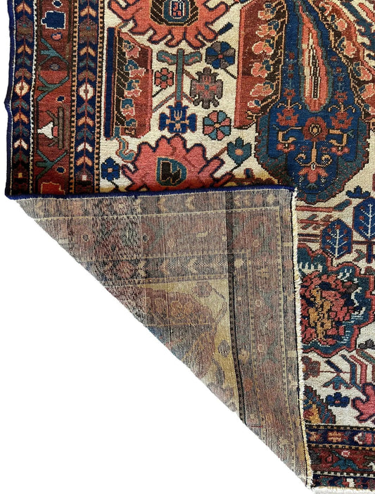 Rug Antique Persian Malayar hand-made circa 1900 with red, blue and ivory motifs and borders on Tampa Home & Garden Store