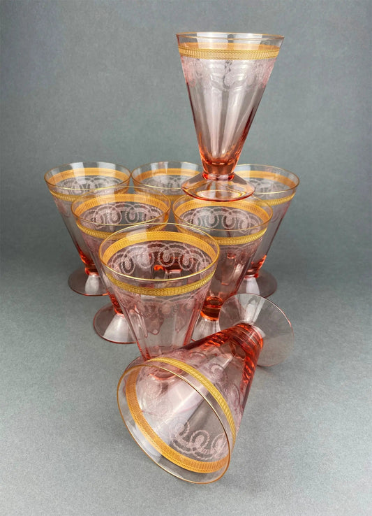 Morgana pink crystal water goblets by Morgantown; eight-piece set with gold rims rims on Tampa Home & Garden Store