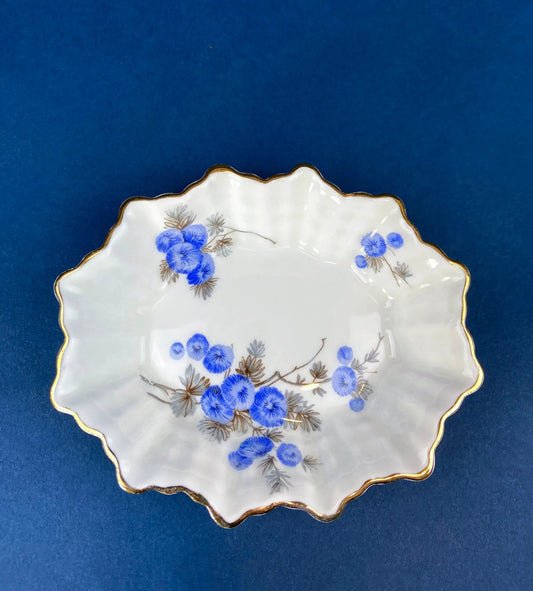 Antique porcelain berry bowls with cobalt blue blueberry motif and gold scalloped rim on Tampa Home & Garden Store