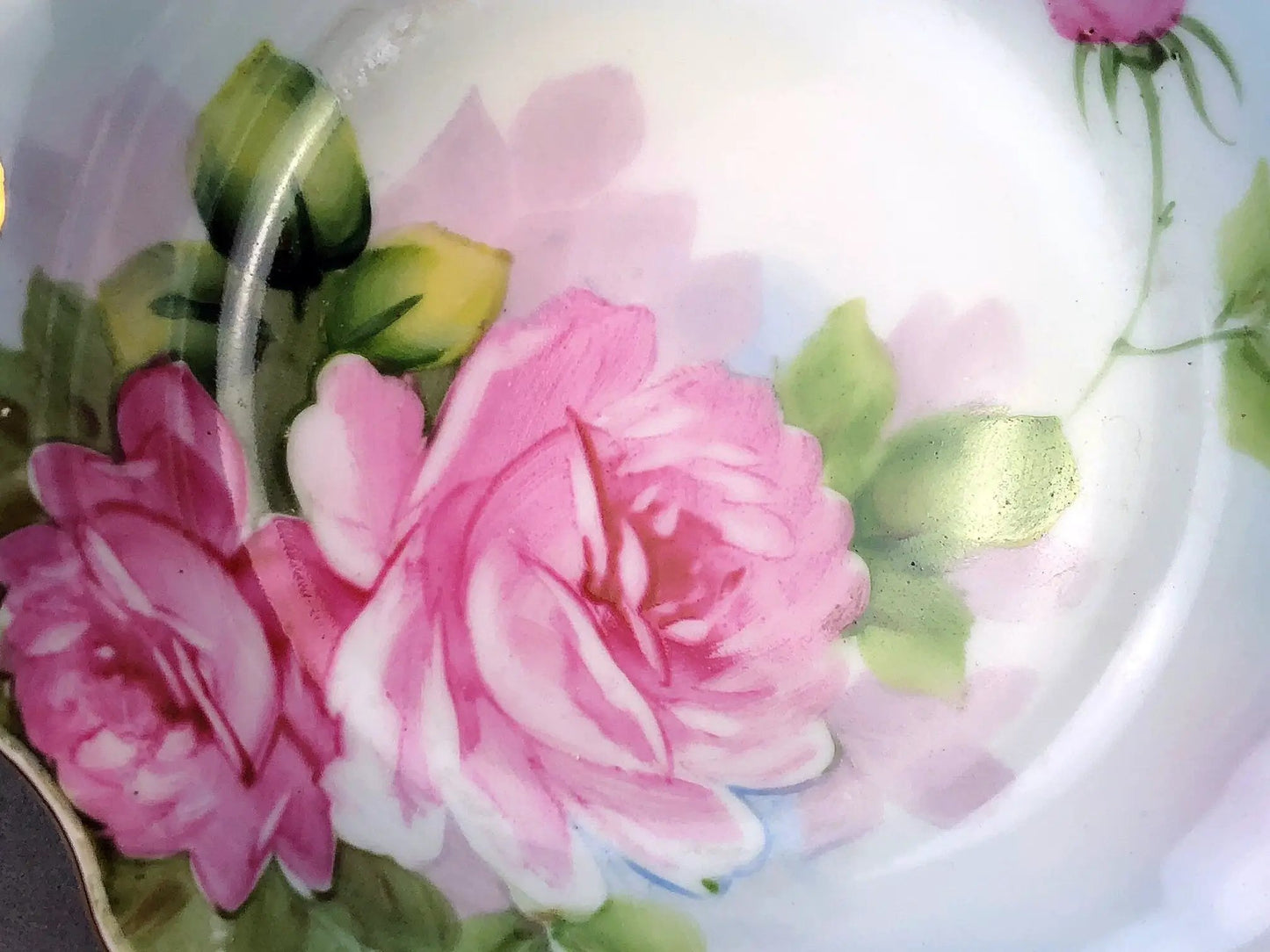 Antique porcelain berry bowls with pink floral design and gold rim on Tampa Home & Garden Store