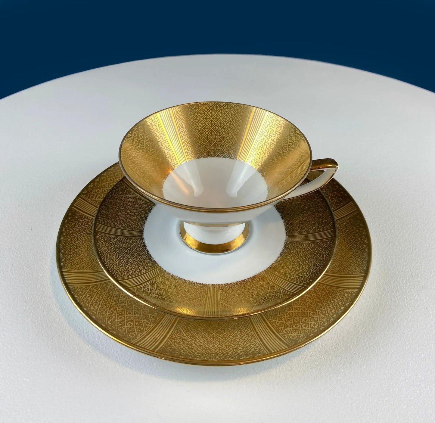 Royal Jackson teacup and saucer set with gold band on cream porcelain on Tampa Home & Garden Store