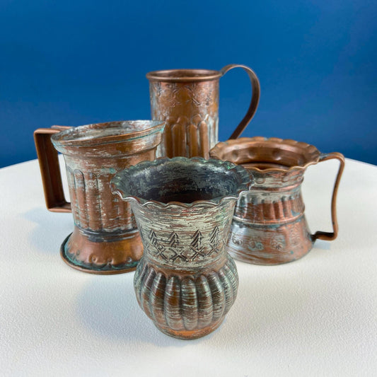 Antique Rustic Hand Pounded Copper and Tin Cups. Set of 4 Different Vessels. Beautiful Fluting. Rustic Home Decor. Gift for Him or Her. - Tampa Home & Garden Store