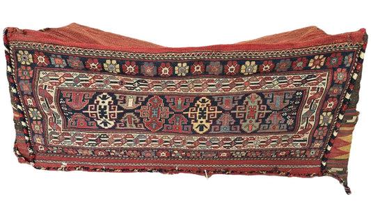 Rug: Antique Shahsavan Mafrash handwoven kilim rug, red navy geometric, Rugistan on Tampa Home & Garden Store