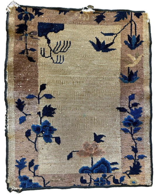 Rug Antique Art Deco Chinese Rug 24 x 30 in hand-knotted beige with blue floral border Rugistan on Tampa Home & Garden Store