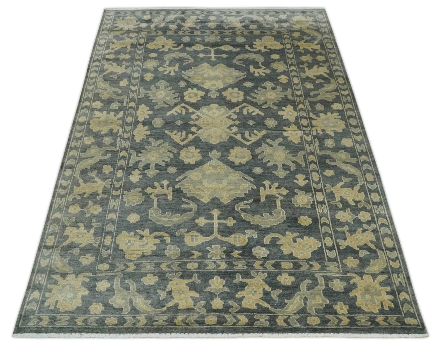 Antique Style 6x9 Hand Knotted Beige and Charcoal Traditional Wool Rug | N35669 - Tampa Home & Garden Store
