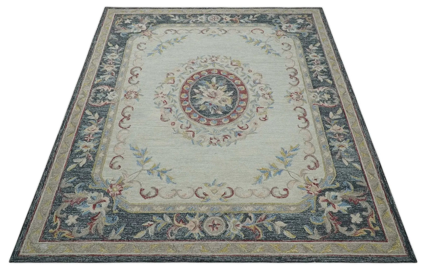 Antique style beige Aubusson wool area rug with blue border and floral center medallion 8x10 on Tampa Home & Garden Store
