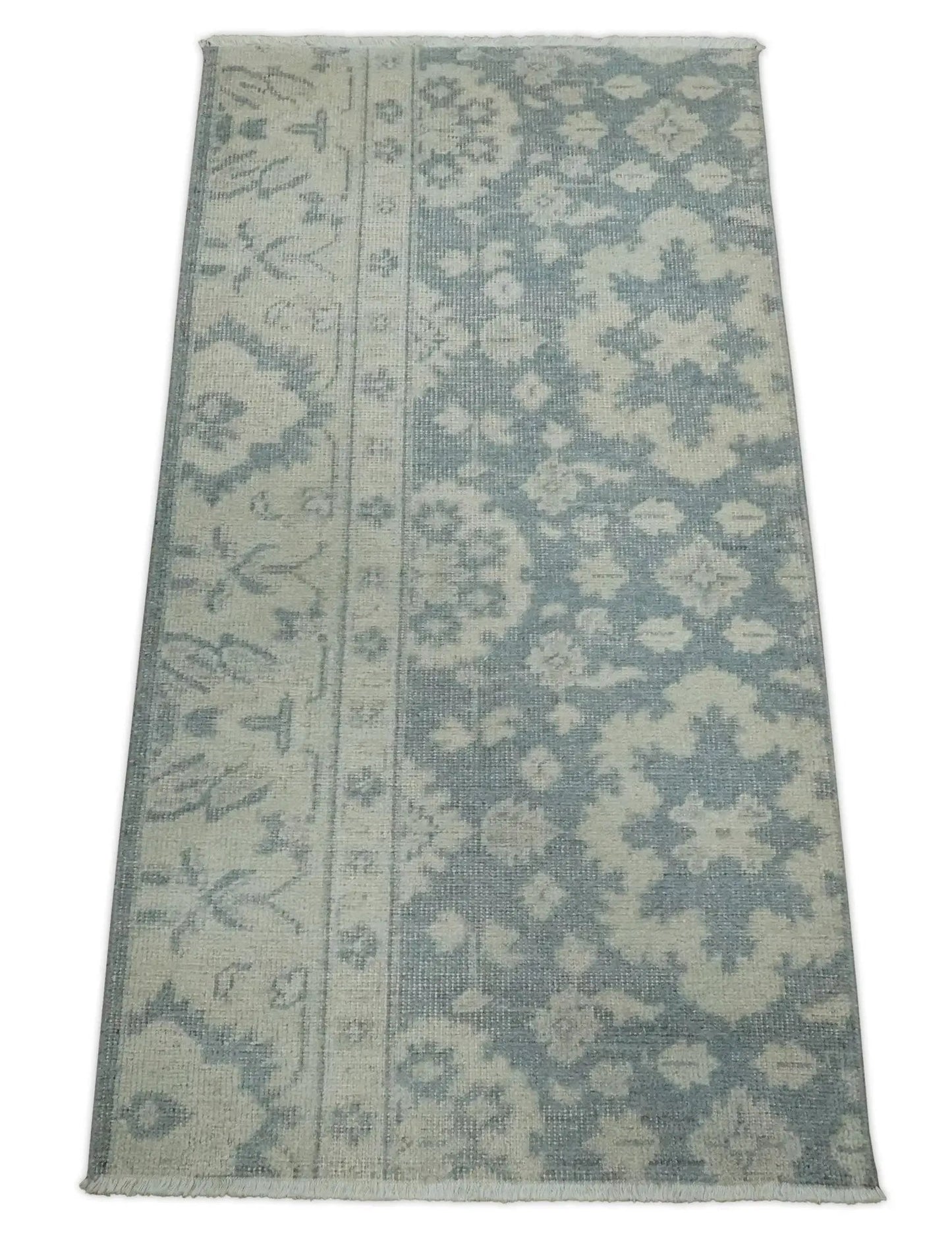 Antique Ivory and Charcoal Oushak 2x4 Wool Rug hand-knotted area rug with blue-gray floral motifs on Tampa Home & Garden Store