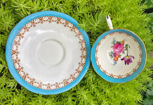 Antique Aynsley tea cup and saucer, turquoise rims, brown border, floral cup, 2-piece set on Tampa Home & Garden Store