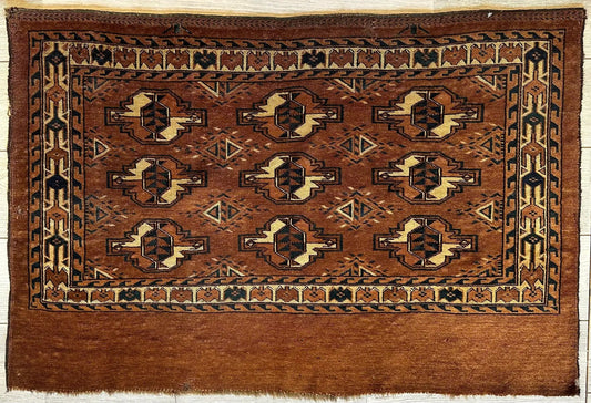 Antique Tekke Yomud Yomut Chuval Turkmen rug with rust field and ivory motifs 2'6"x3'9", Rugistan on Tampa Home & Garden Store