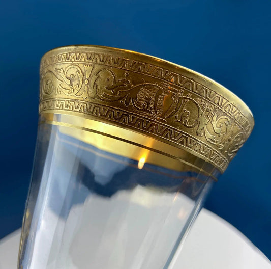 Antique Tiffin Franciscan goblet with 24K gold embossed band, close-up detail on Tampa Home & Garden Store
