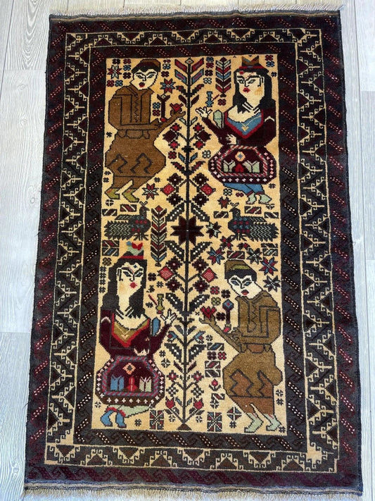 Rug Afghan Baluchi Laili Majnun pictorial rug by Rugistan beige field with figures on Tampa Home & Garden Store