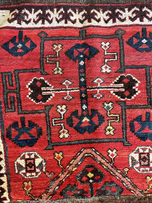 Rugistan antique tribal bagface rug 18x18 hand-knotted wool red field with navy motifs on Tampa Home & Garden Store