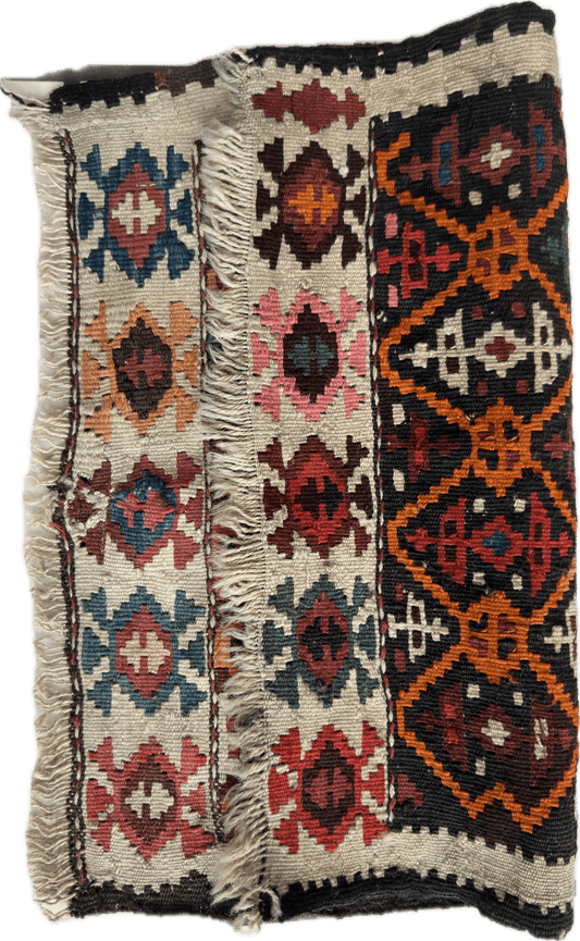 Pair of Shahsavan Caucasian bagface rugs with medallions ivory/beige and dark panels on Tampa Home & Garden Store