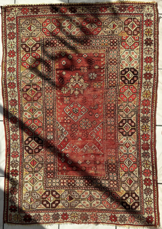 Antique Turkish wool prayer rug by Rugistan hand-knotted 4x6 red with geometric borders on Tampa Home & Garden Store