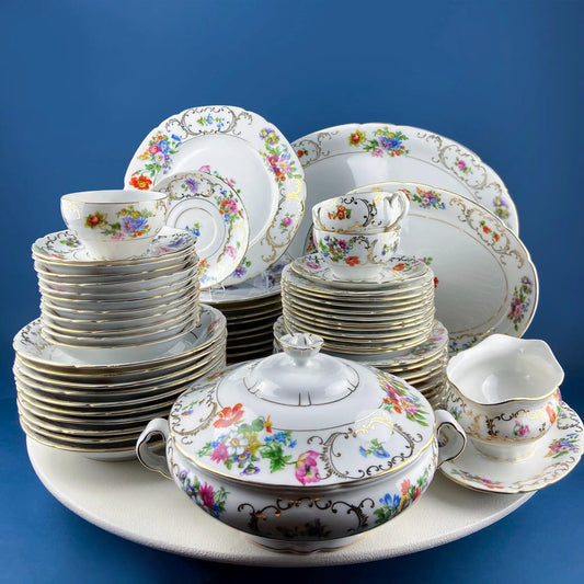 Antique Victoria dish set floral motif porcelain dinnerware, 56-piece with gold trim on Tampa Home & Garden Store