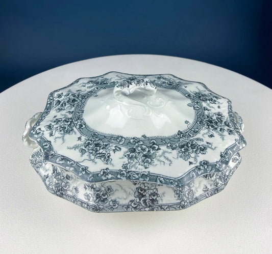 Antique Wedgwood porcelain tureen with blue floral motifs and scalloped lid on Tampa Home & Garden Store